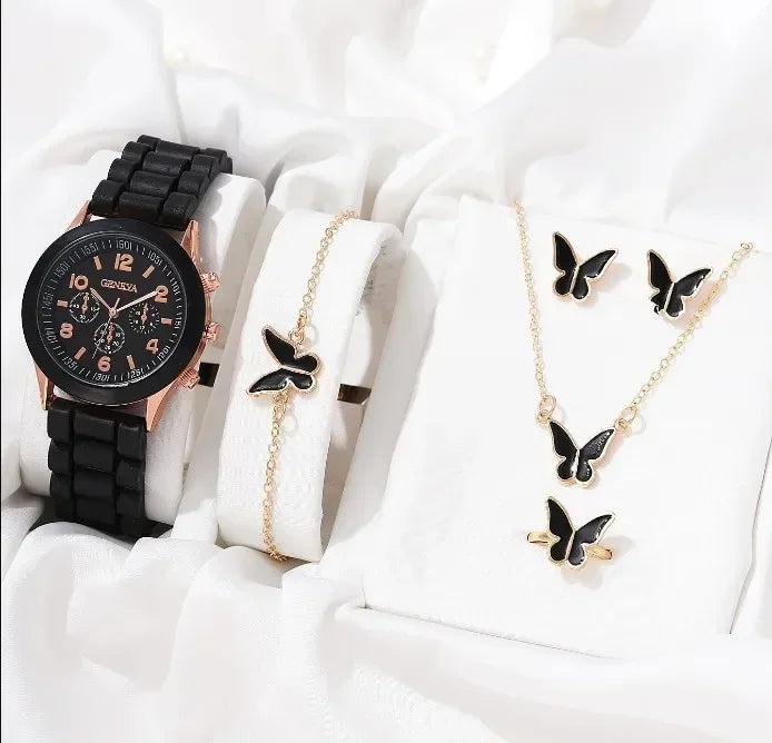 5/2PCS Set Luxury Watch Women Ring Necklace Earrings Rhinestone Wristwatch Female Casual Ladies Watches Bracelet Clock (No Box)