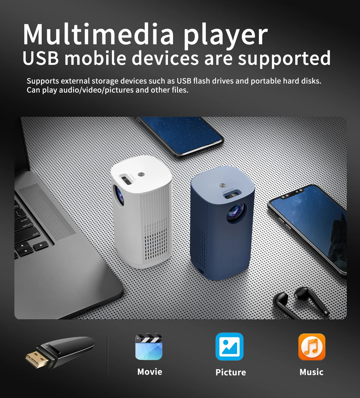 Smart Projector WIFI Mini Portable Home Theater Mobile Phone Same Screen Projector Support 4K LED Home Video Projector &Speaker