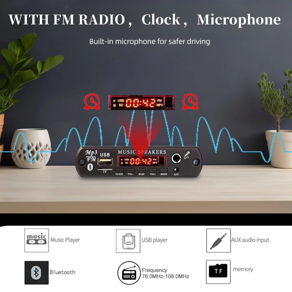 DC 12V Bluetooth 5.3 MP3 APE Decoder Board 30W 60W Amplifier 6.5mm Microphone Clock Time Display USB TF FM AUX Car Music Player