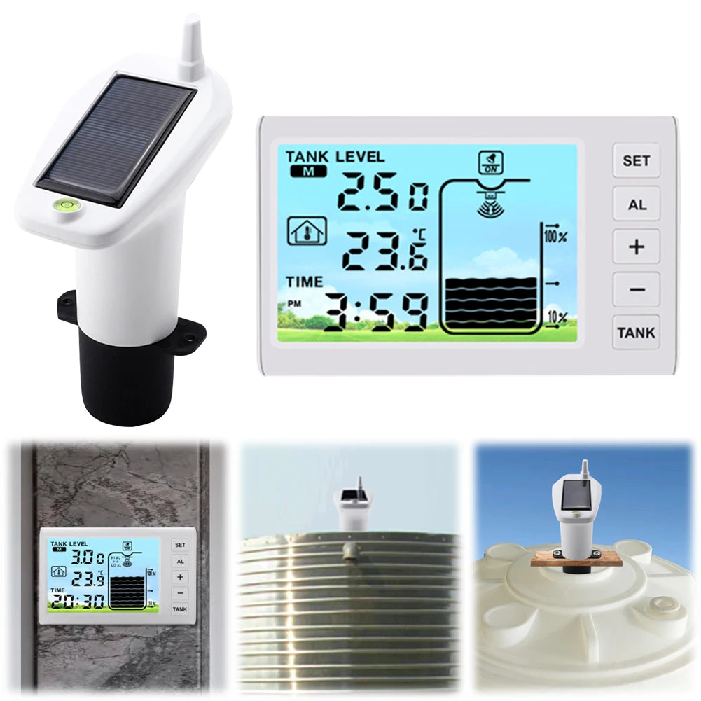Solar Powered Wireless Ultrasonic Water Level Indicator Gauge Temperature Clock Gauge W/ Alarm Ultrasonic Water Tank Level Meter