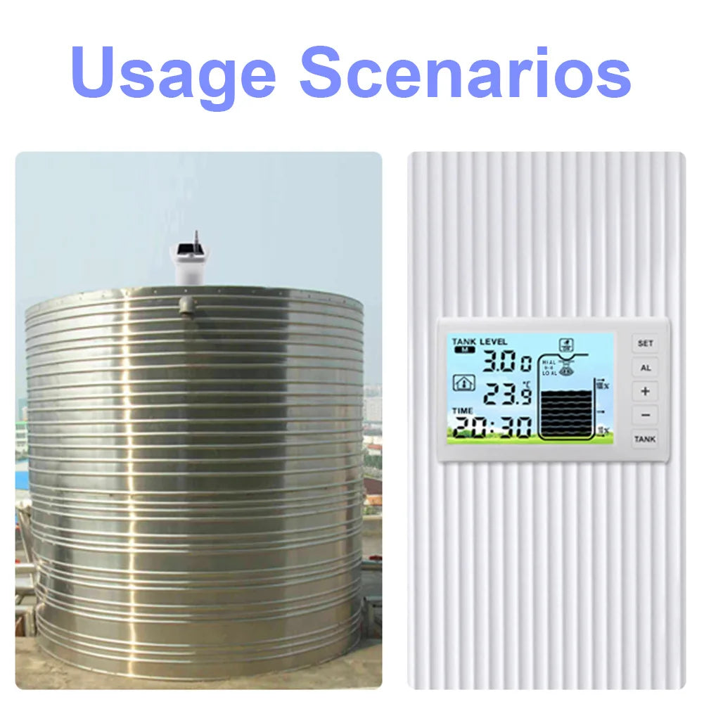 Solar Powered Wireless Ultrasonic Water Level Indicator Gauge Temperature Clock Gauge W/ Alarm Ultrasonic Water Tank Level Meter