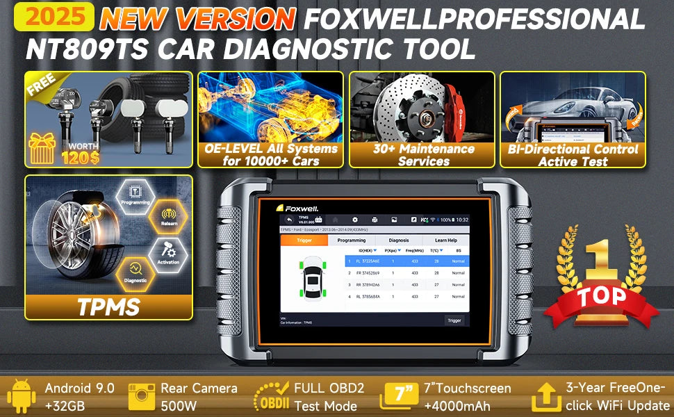 FOXWELL NT809TS TPMS Programming Tool All Systems Diagnostic Bi-Directional Control 30+ Reset OBD2 Bluetooth Automotive Scanner