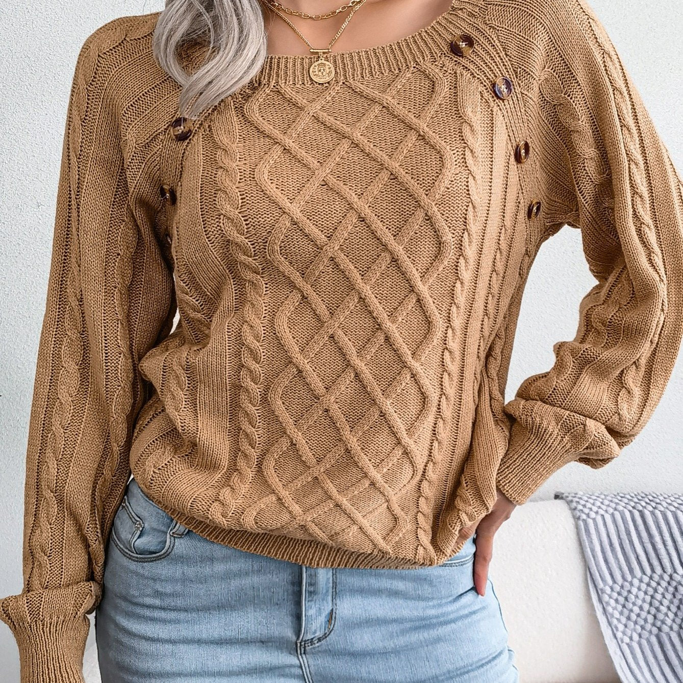 [Texture Lantern Sleeve Sweater] Round Neck Texture Lantern Sleeve Women's Sweater - Button Sweater