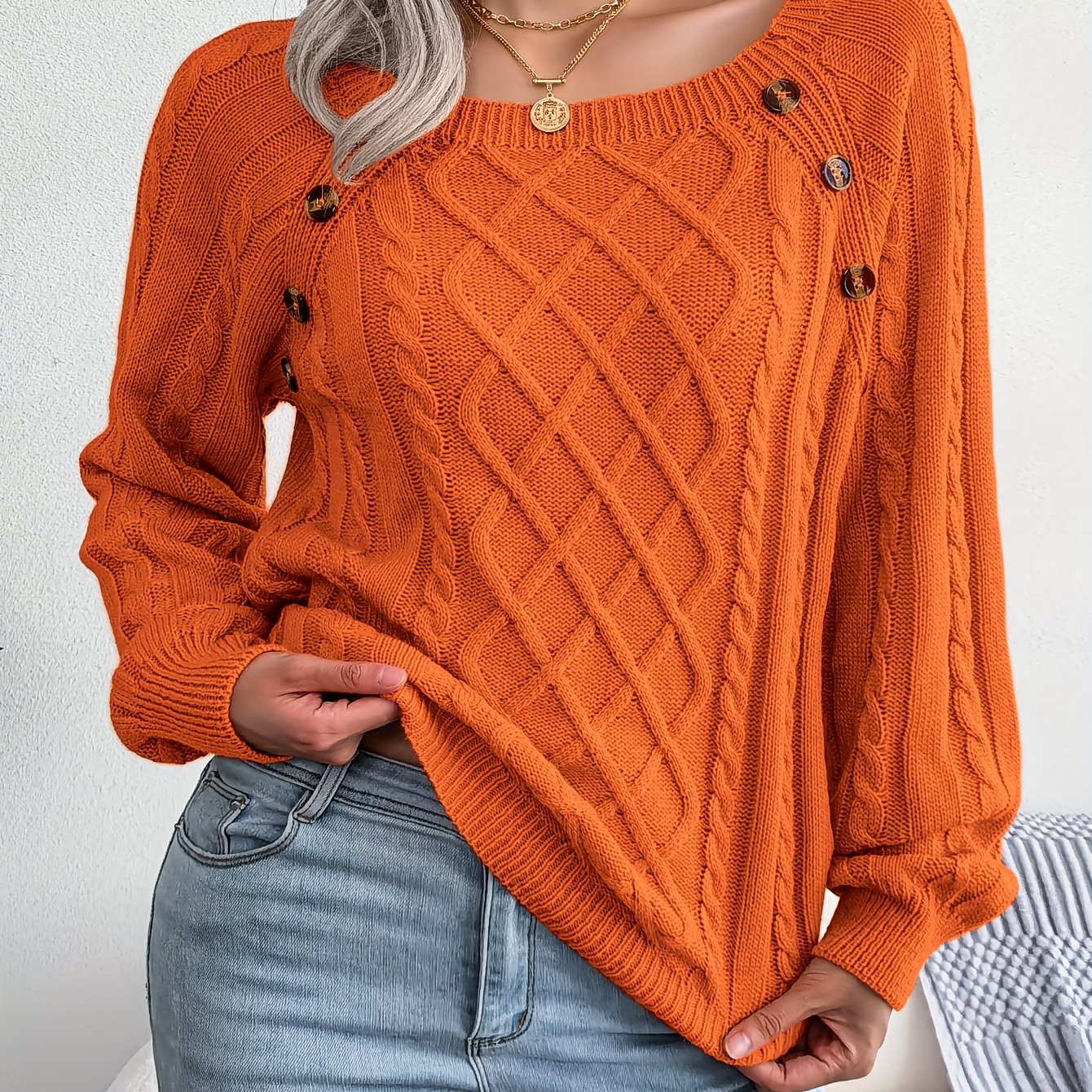 [Texture Lantern Sleeve Sweater] Round Neck Texture Lantern Sleeve Women's Sweater - Button Sweater