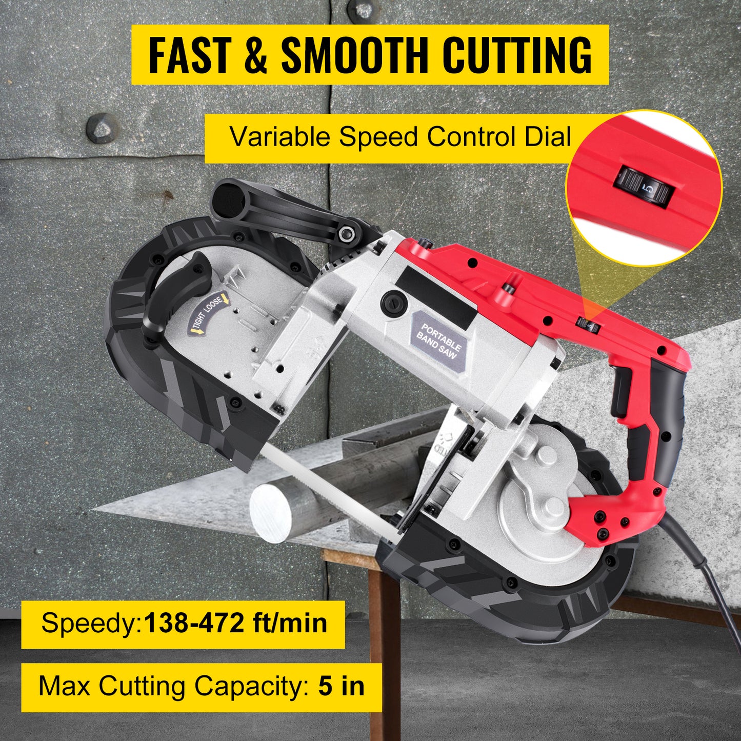 SucceBuy Portable BandSaw 5Inch Cutting Capacity Cordless Variable Speed 10Amp Motor Deep Cut Bandsaw for Metal Wood Pipes Rebar