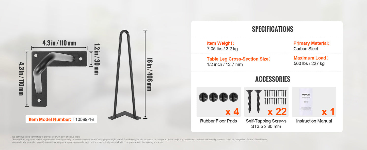 SucceBuy 16/19/28in Hairpin Furniture Legs 4PCS Black 500lbs Metal Heavy Duty  Modern Table Legs For Nightstand Coffee Table