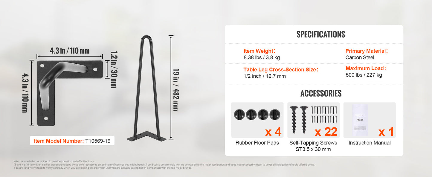 SucceBuy 16/19/28in Hairpin Furniture Legs 4PCS Black 500lbs Metal Heavy Duty  Modern Table Legs For Nightstand Coffee Table