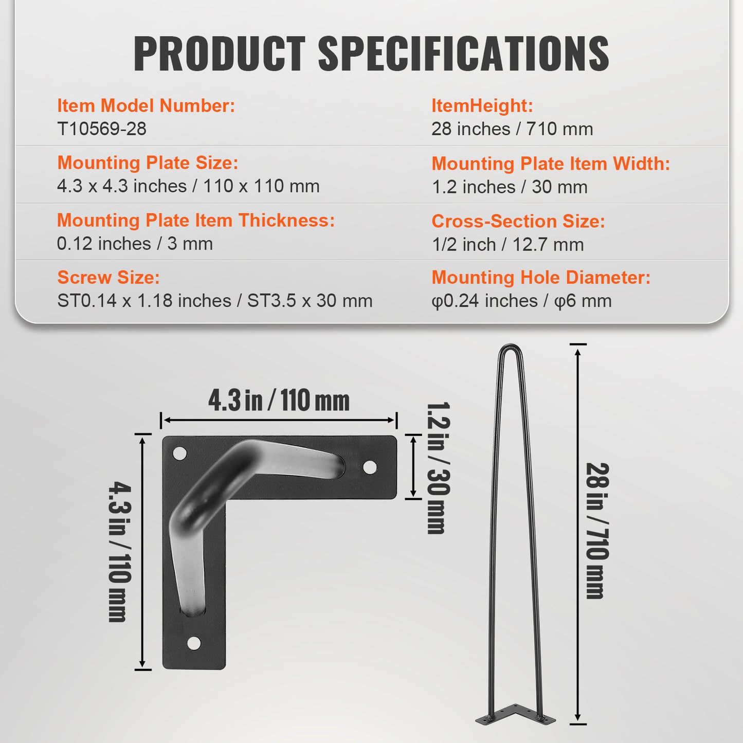 SucceBuy 16/19/28in Hairpin Furniture Legs 4PCS Black 500lbs Metal Heavy Duty  Modern Table Legs For Nightstand Coffee Table