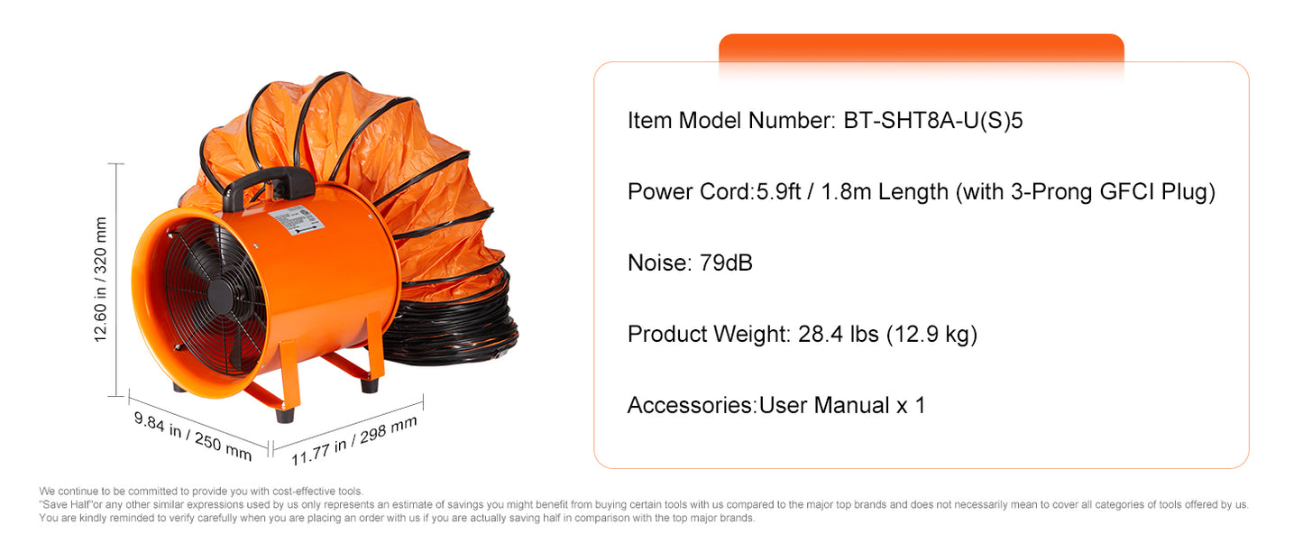 SucceBuy 8 inch Exhaust Fan Industrial Ventilation Fan with 10M/5M PVC Duct Hose 230W Portable Extractor Blower Warehouse Home