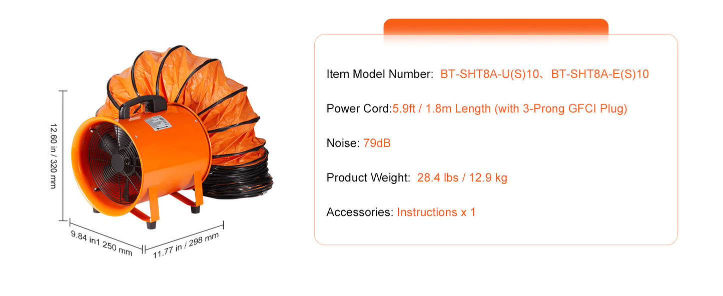 SucceBuy 8 inch Exhaust Fan Industrial Ventilation Fan with 10M/5M PVC Duct Hose 230W Portable Extractor Blower Warehouse Home